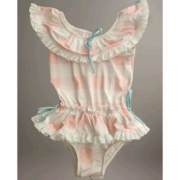 WELL‎ DRESSED WOLF- Wildling Bathing Suit Pink Plaid Eyelet Ruffle 3T - Picture 1 of 3